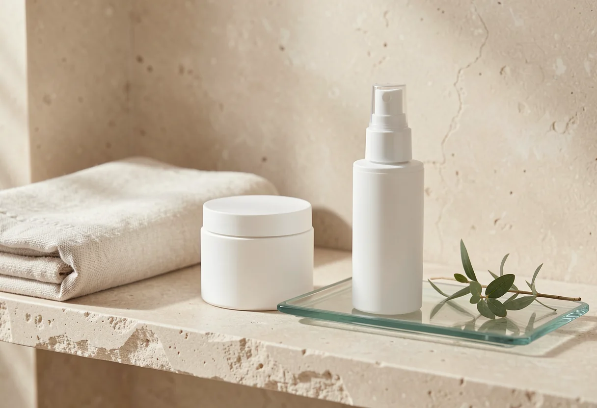 Skincare routine shelf with cream jar and soft spa light