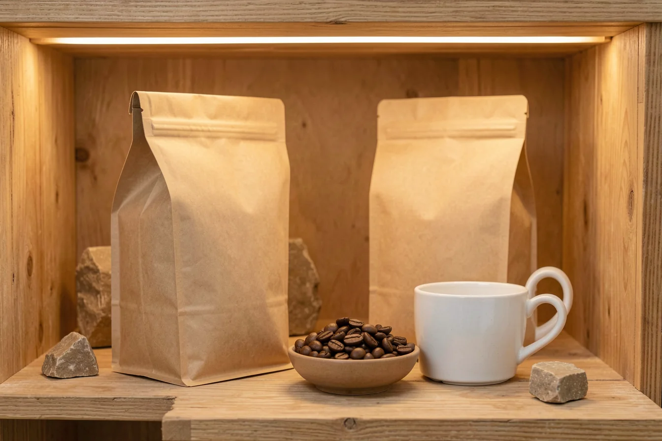 Coffee roaster product shelf with clean package and cup