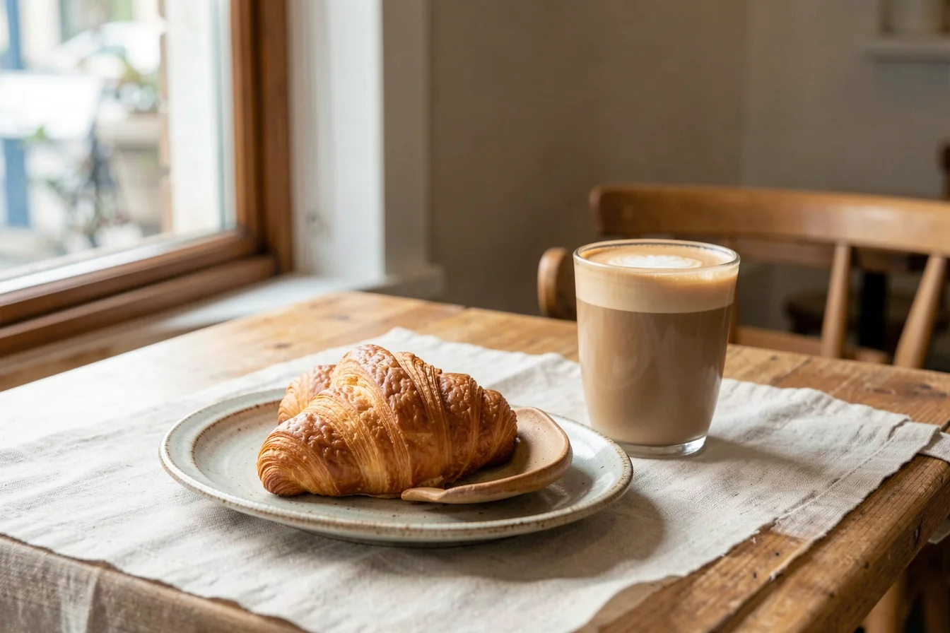 Bakery launch visual with pastry and warm cafe light