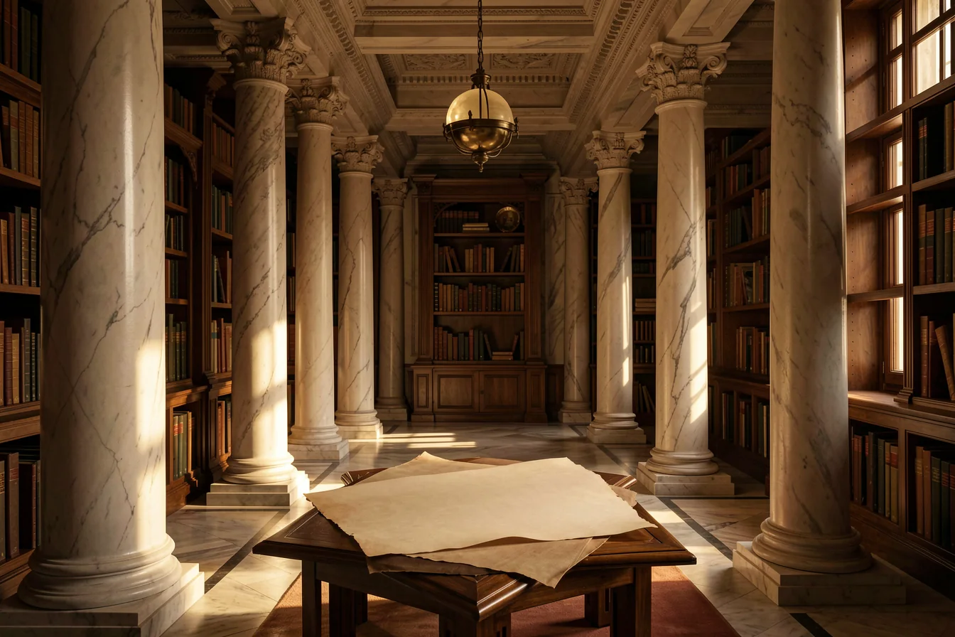 Classical library hall with marble columns and warm light
