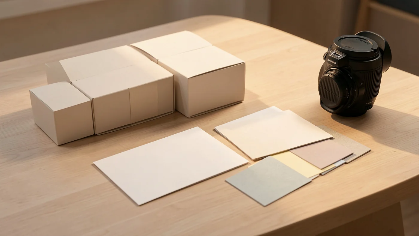 Small business launch table with blank products and materials