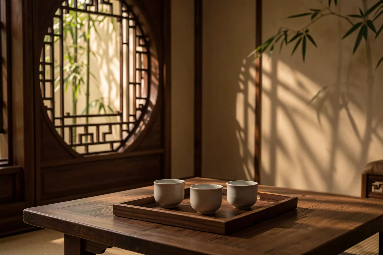 Traditional tea room hospitality visual with moon gate window