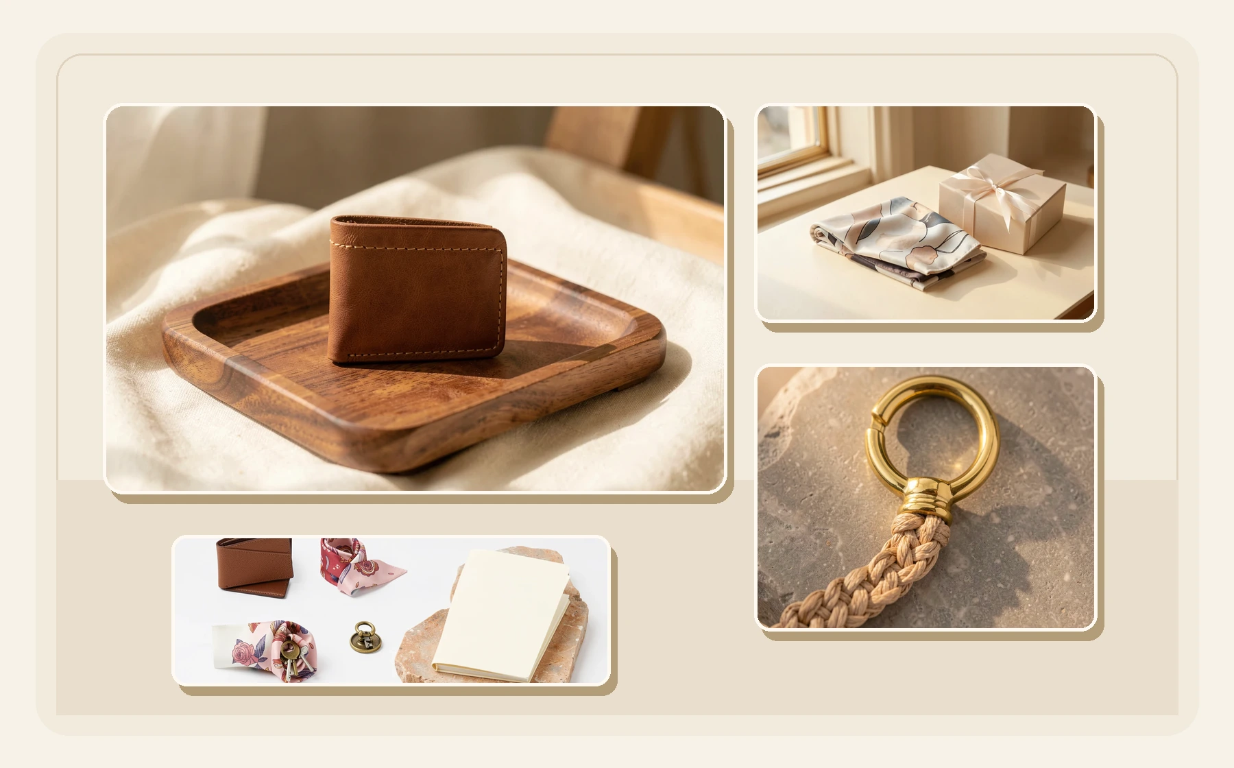 Accessories gift-trust pack with listing hero, gift scene, material detail, and collection cover