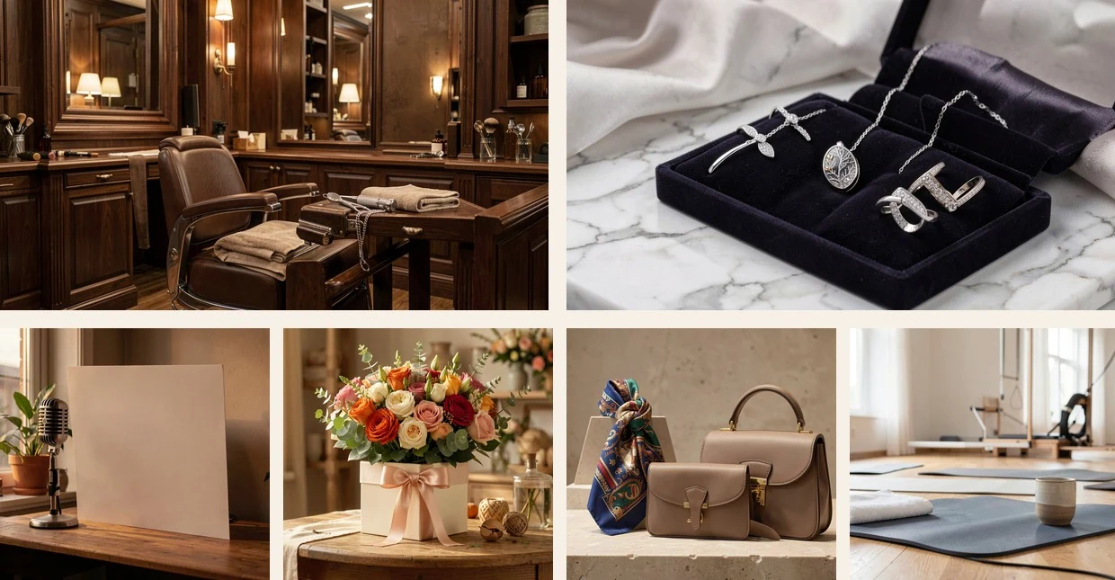 Merchant launch kit directions across service, hospitality, jewelry, and product surfaces
