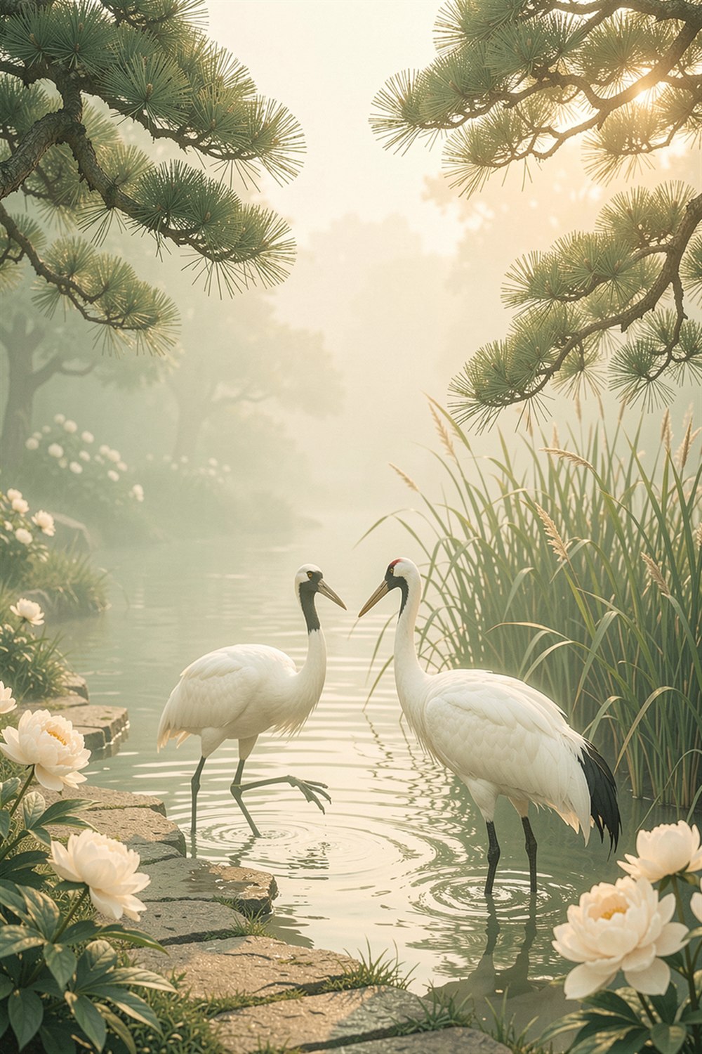 Natural Crane Morning Garden poster with two cranes in a garden pond