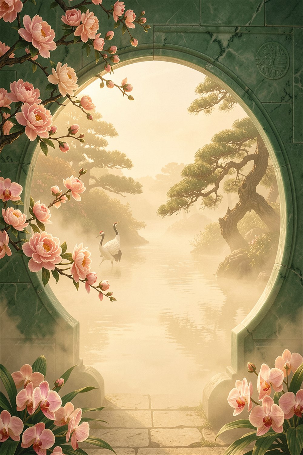 Inside the Jade Moon Gate poster with a jade moon gate, peonies, pine and a distant crane