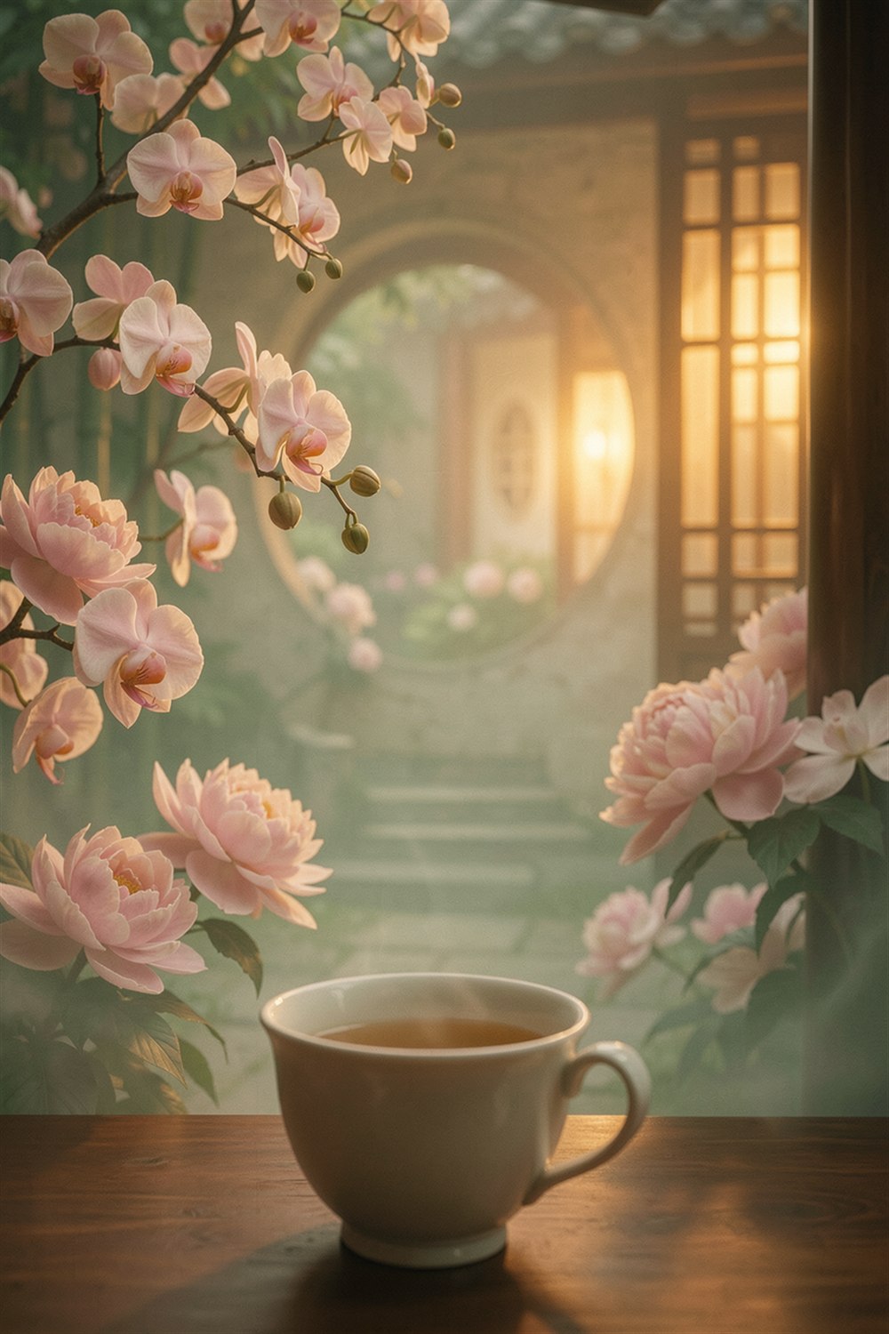 Orchid Tea Veranda poster with a tea cup, orchids and a warm interior threshold