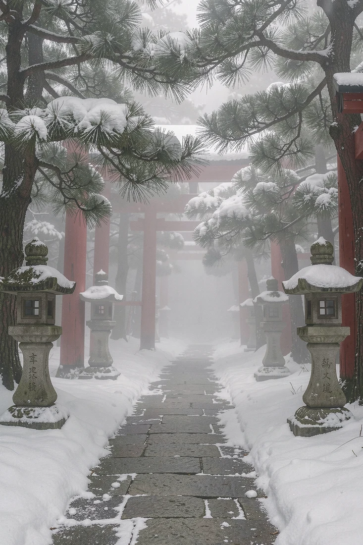 Japanese snow lantern shrine path study